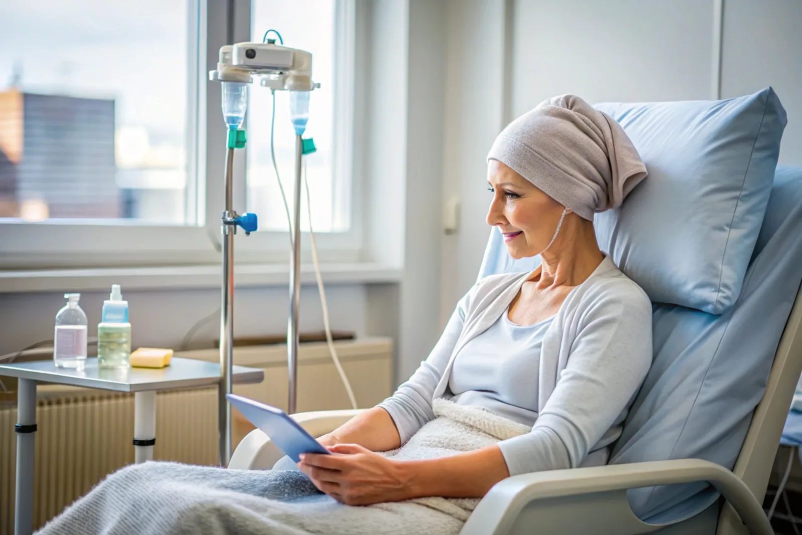 Paciente em ambiente hospitalar durante tratamento de saúde